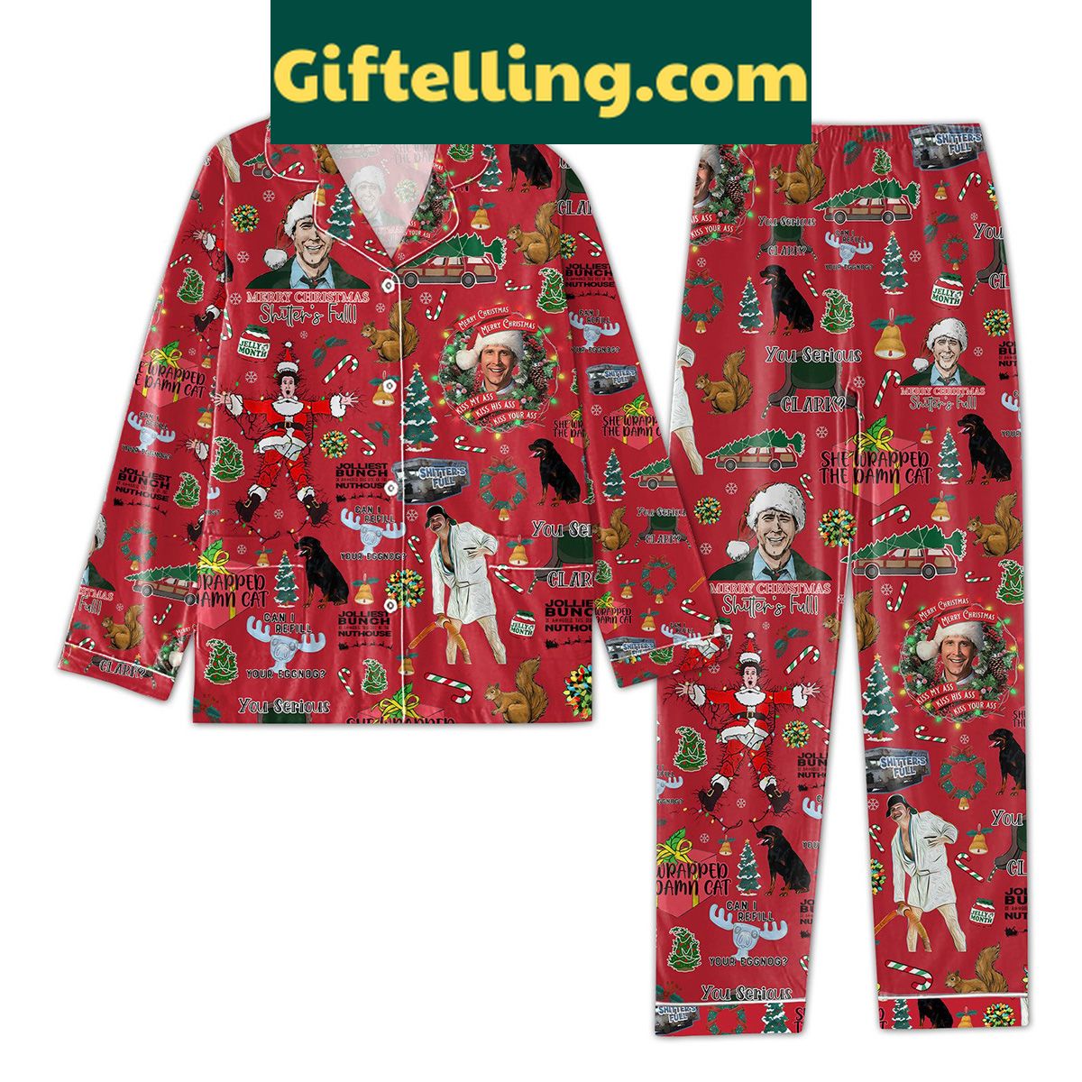 merry-christmas-shitters-full-she-wrapped-the-damn-cat-pajamas-set-funny-holiday-loungewear-1 Merry Christmas Shitter's Full She Wrapped The Damn Cat Pajamas Set, funny holiday themed pajamas