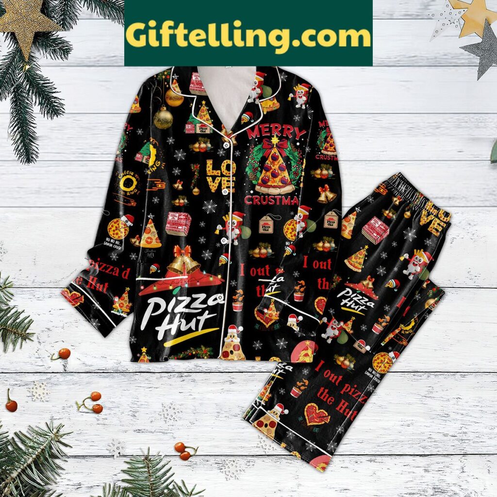 Pizza Hut Merry Crustmas Pajamas Set, holiday gift, red and white pajama set with festive design