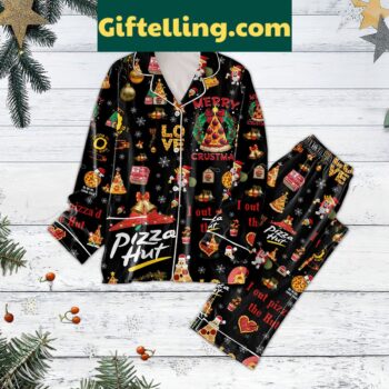 Pizza Hut Merry Crustmas Pajamas Set, holiday gift, red and white pajama set with festive design