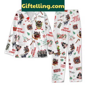 Merry Kiss Xmas I Wanna Rock And Roll Night And Jingle All The Way Pajamas Set for women, red and white holiday themed