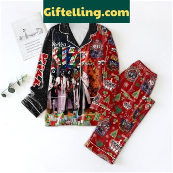 Merry Kissmas Happy Holiday Pajamas Set with plaid pattern and holiday graphics