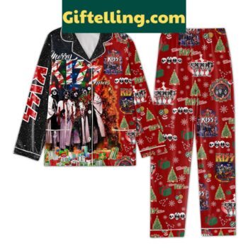 Merry Kissmas Happy Holiday Pajamas Set with plaid pattern and holiday graphics