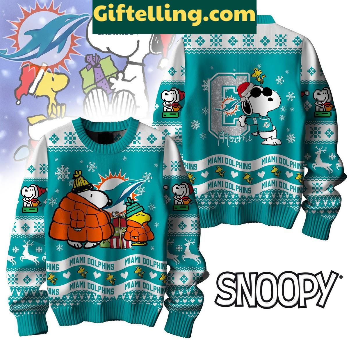 Miami Dolphins Peanuts Snoopy Ugly Sweater Christmas Gift Miami Dolphins Peanuts Snoopy Ugly product image showing design and team colors