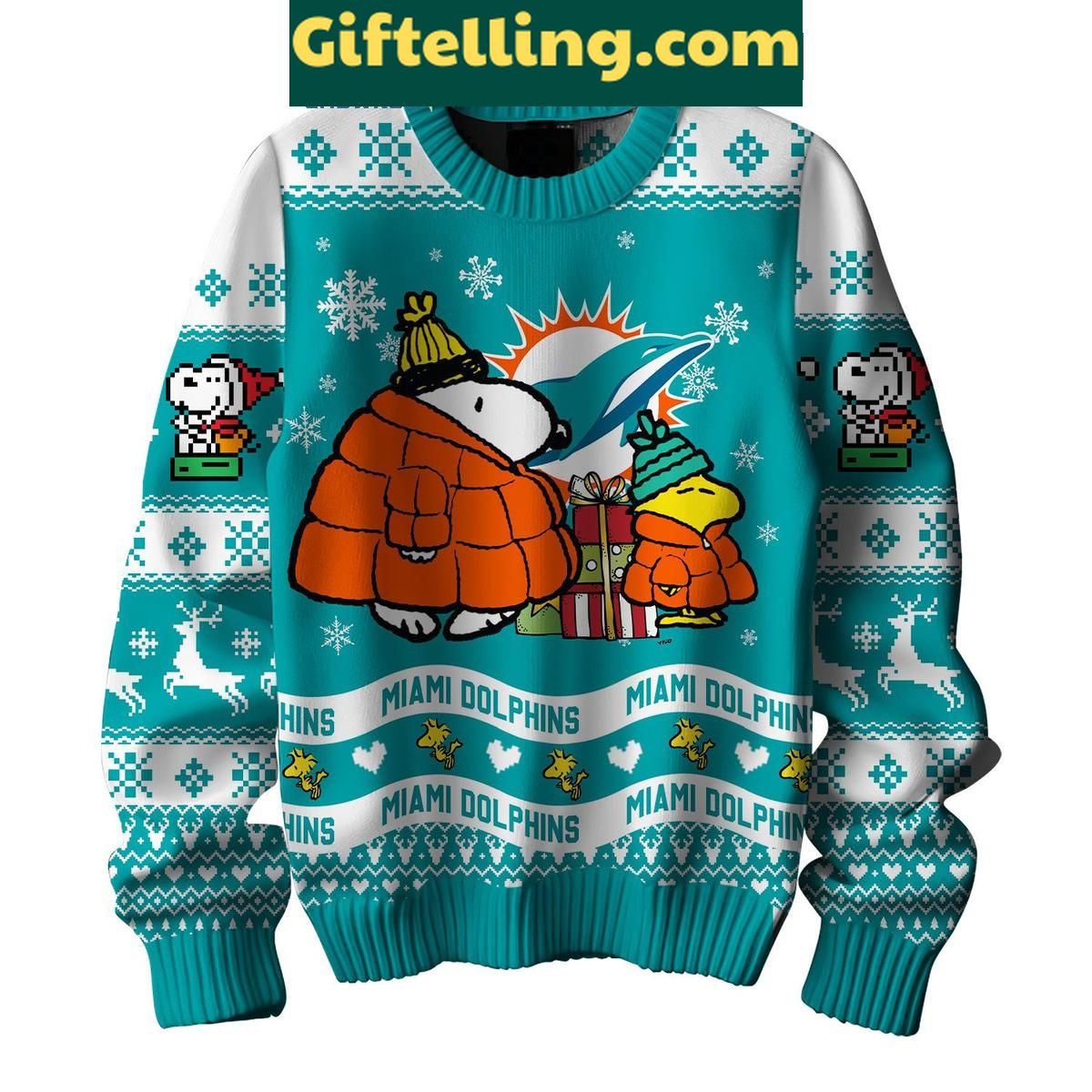 Miami Dolphins Peanuts Snoopy Ugly Sweater Christmas Gift Miami Dolphins Peanuts Snoopy Ugly product image showing design and team colors