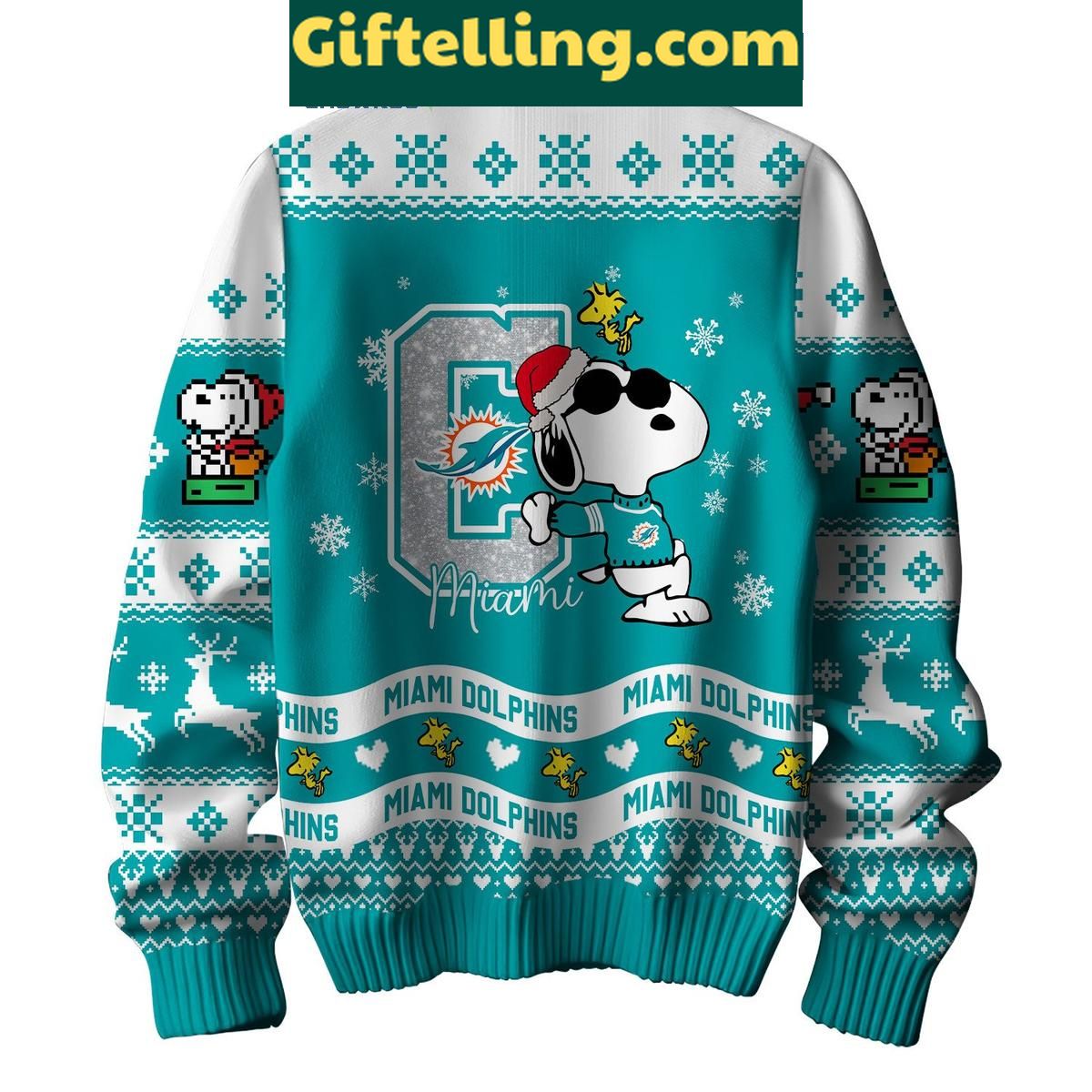 Miami Dolphins Peanuts Snoopy Ugly Sweater Christmas Gift Miami Dolphins Peanuts Snoopy Ugly product image showing design and team colors