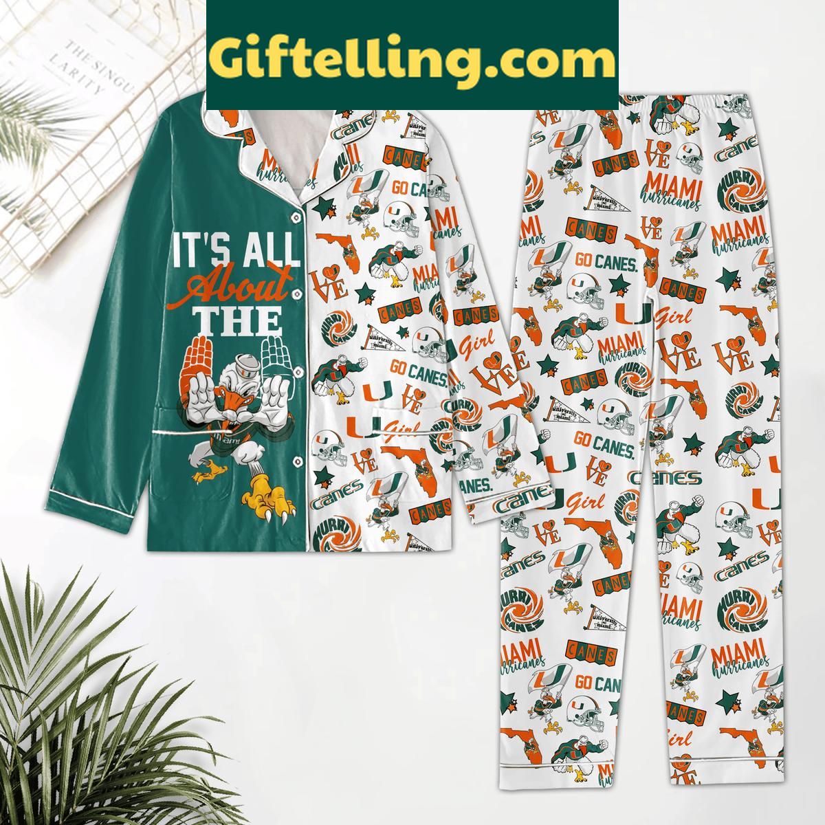 Miami Hurricanes Girl Loves Canes Polyester Pajamas Set Miami Hurricanes Girl Loves Canes product image showing design and team colors