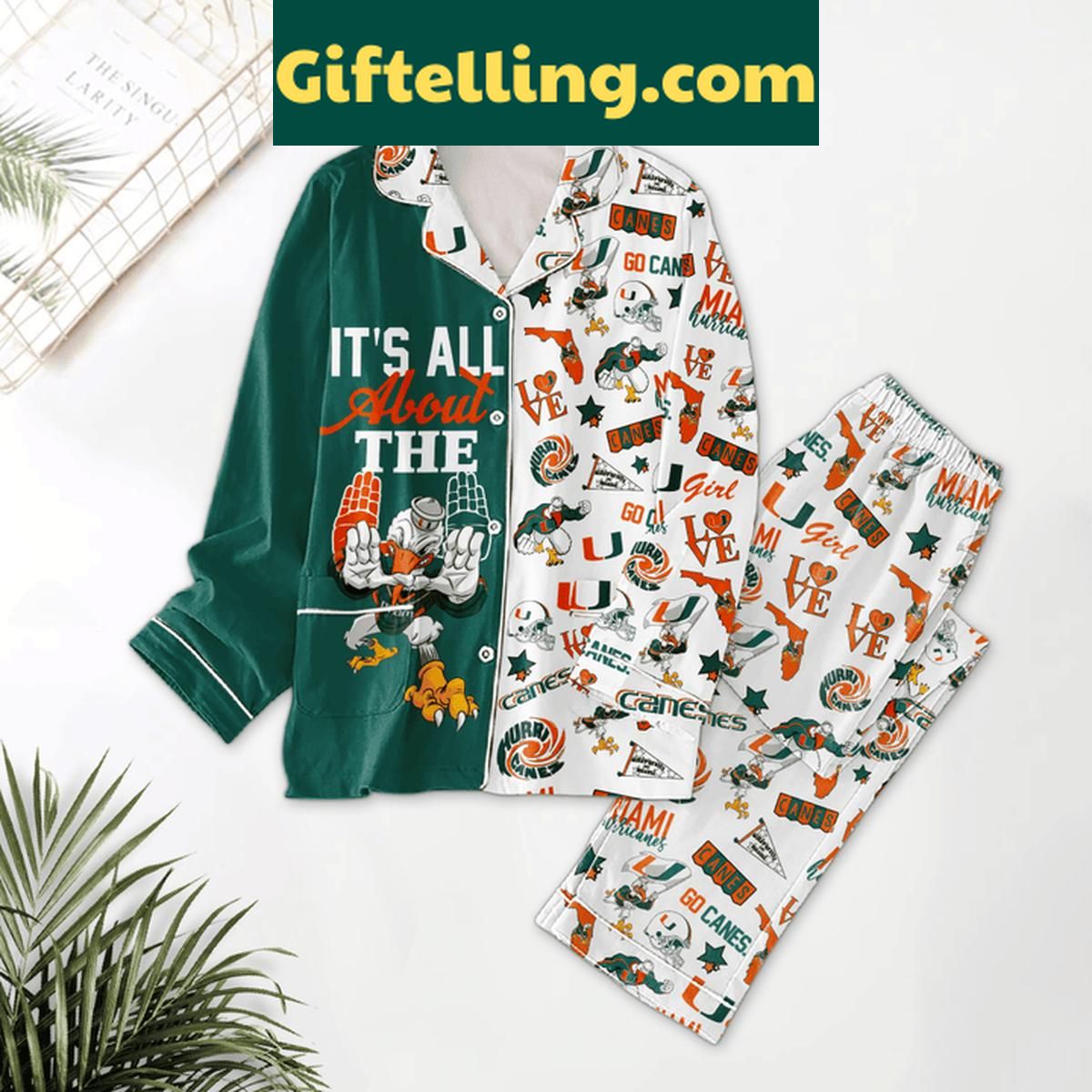 Miami Hurricanes Girl Loves Canes Polyester Pajamas Set Miami Hurricanes Girl Loves Canes product image showing design and team colors