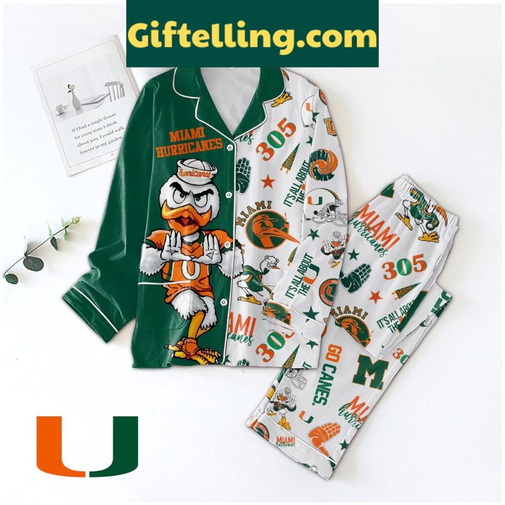 Miami Hurricanes U In My Heart 305 Polyester Pajamas Set, a colorful pair of polyester pajamas with the U In My Heart 305 logo