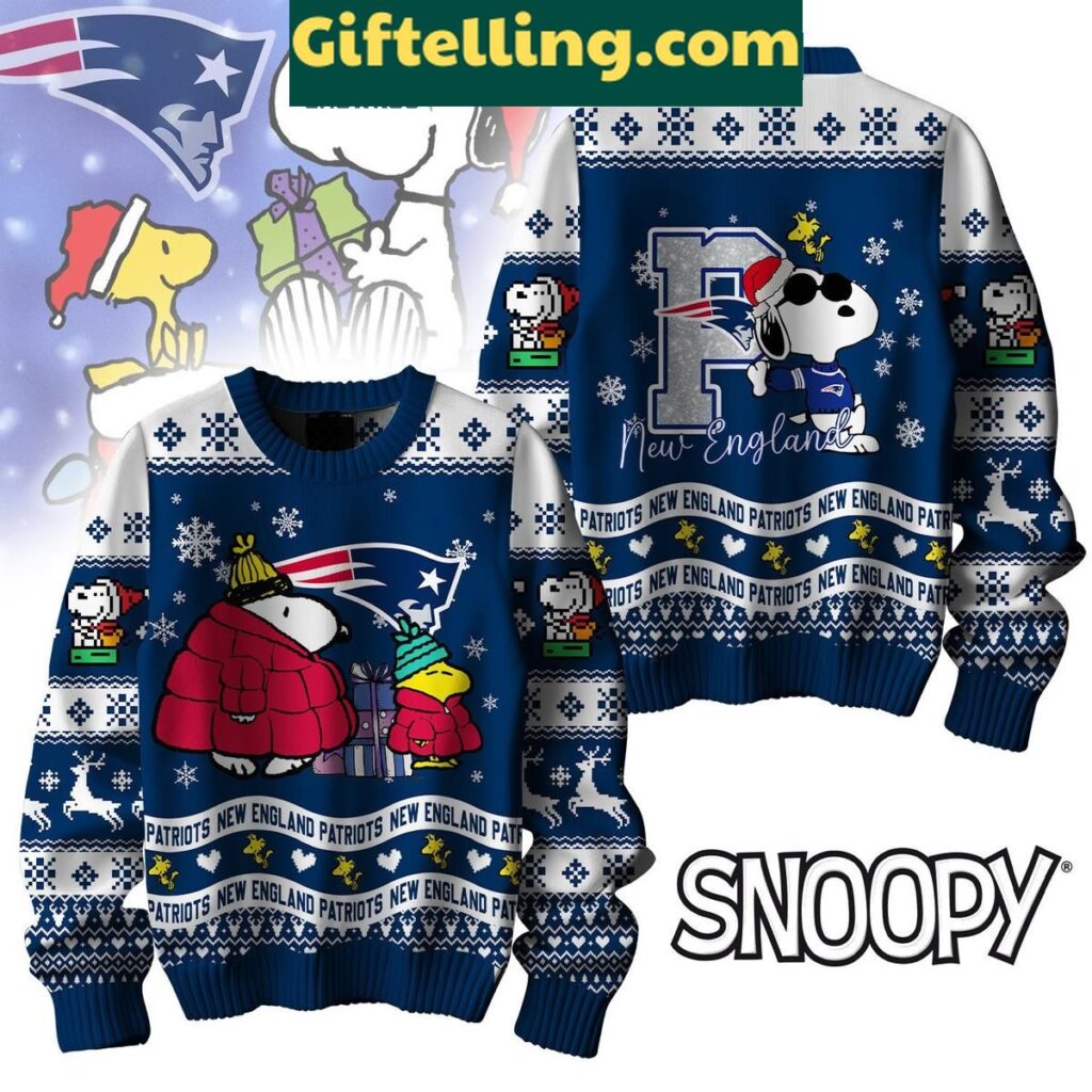 New England Patriots Peanuts Snoopy ugly Christmas sweater with cartoon characters and football team logo