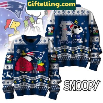 New England Patriots Peanuts Snoopy ugly Christmas sweater with cartoon characters and football team logo