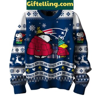 New England Patriots Peanuts Snoopy ugly Christmas sweater with cartoon characters and football team logo