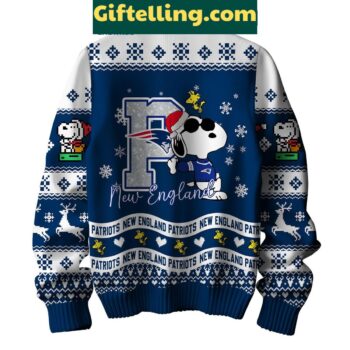 New England Patriots Peanuts Snoopy ugly Christmas sweater with cartoon characters and football team logo