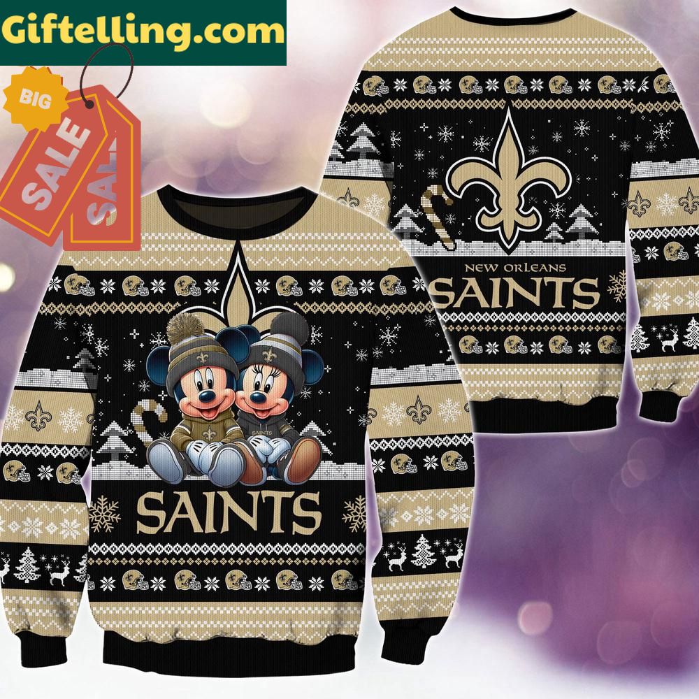 nfl-mickey-minnie-ugly-christmas-sweater-new-orleans-saints-black-2 New Orleans Saints NFL Mickey Minnie Ugly Christmas Sweater