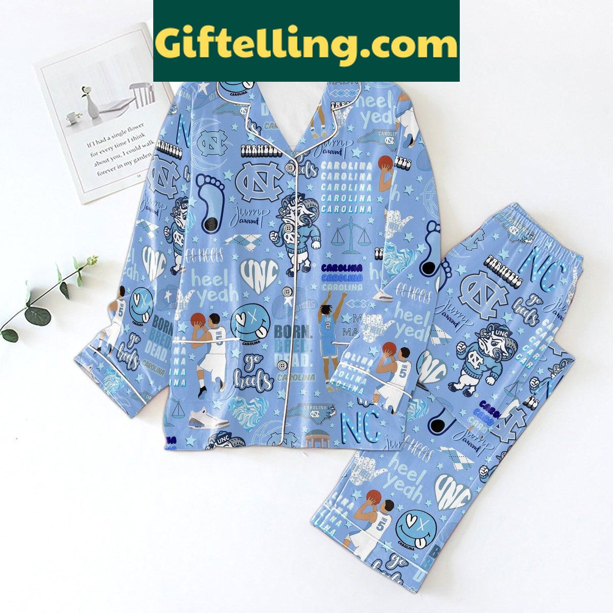 north-carolina-tar-heels-born-bred-dead-polyester-pajamas-set-lounge-in-style-2 North Carolina Tar Heels Polyester Pajamas Set