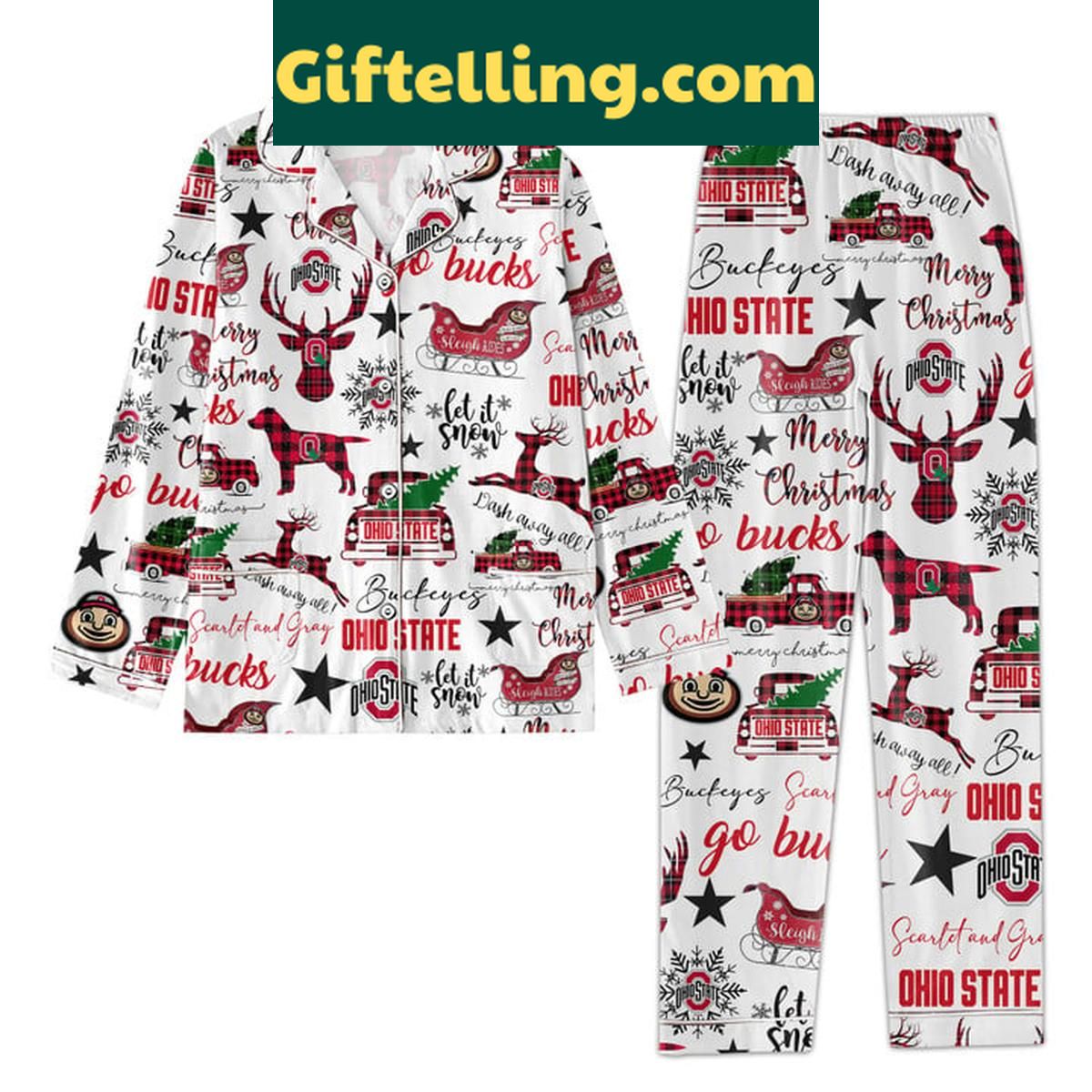 Ohio State Buckeyes Let It Snow Merry Christmas 2024 Polyester Pajamas Set Ohio State Buckeyes Merry Christmas Polyester Pajamas Set