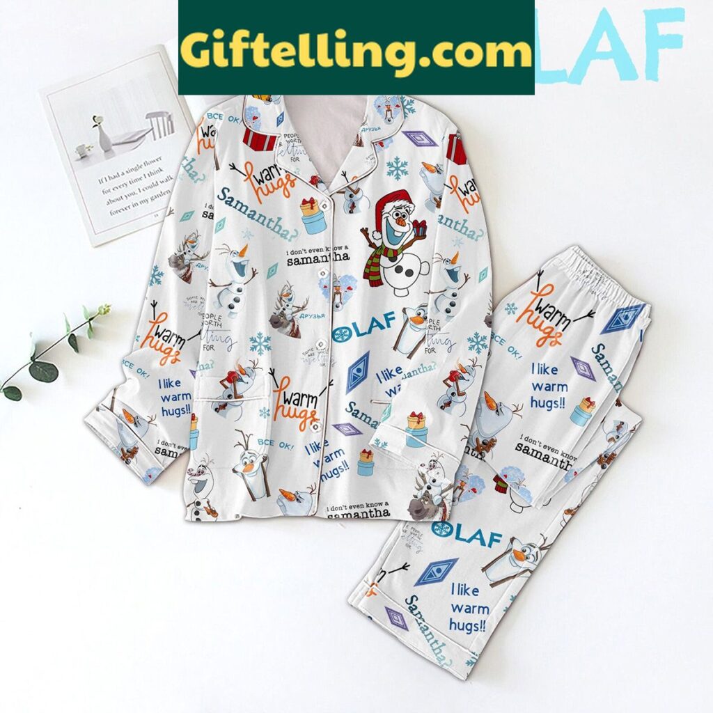 Olaf I Like A Warm Hugs Pajamas Set laying on a bed