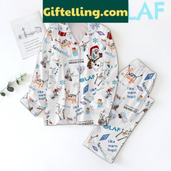 Olaf I Like A Warm Hugs Pajamas Set laying on a bed