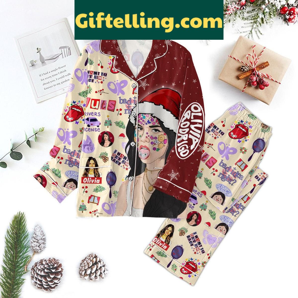 Olivia Rodrigo I Want Get Him Back Merry Christmas Polyester Pajamas Set Olivia Rodrigo I Want Get product image showing design and team colors