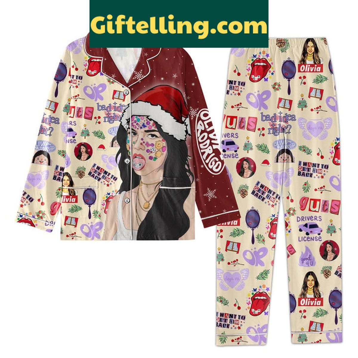 Olivia Rodrigo I Want Get Him Back Merry Christmas Polyester Pajamas Set Olivia Rodrigo I Want Get product image showing design and team colors