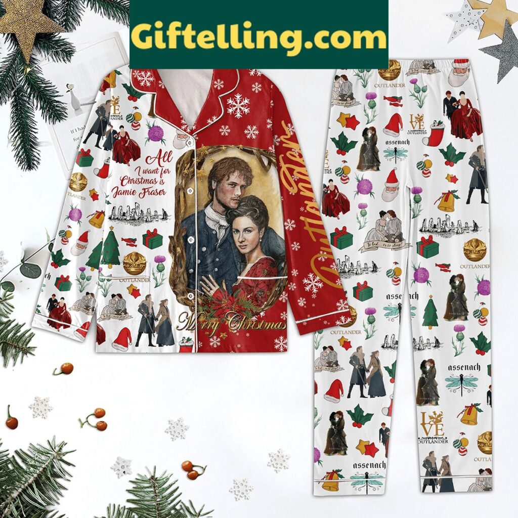 Outlander Christmas pajamas with All I Want is Jamie Fraser slogan
