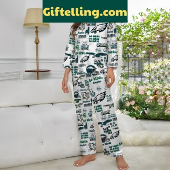 Philadelphia Eagles NFL Fly Eagles Fly Pajamas Set for women lounging on a couch