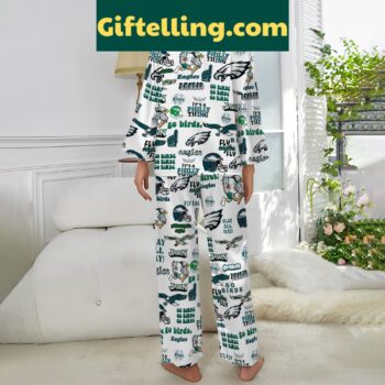 Philadelphia Eagles NFL Fly Eagles Fly Pajamas Set for women lounging on a couch