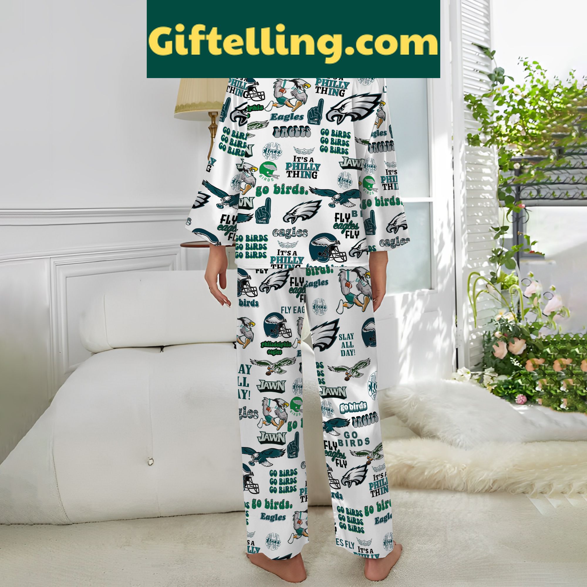 philadelphia-eagles-nfl-fly-eagles-fly-pajamas-set-for-women-official-team-apparel-2 Philadelphia Eagles NFL Fly Eagles Fly Pajamas Set for women lounging on a couch