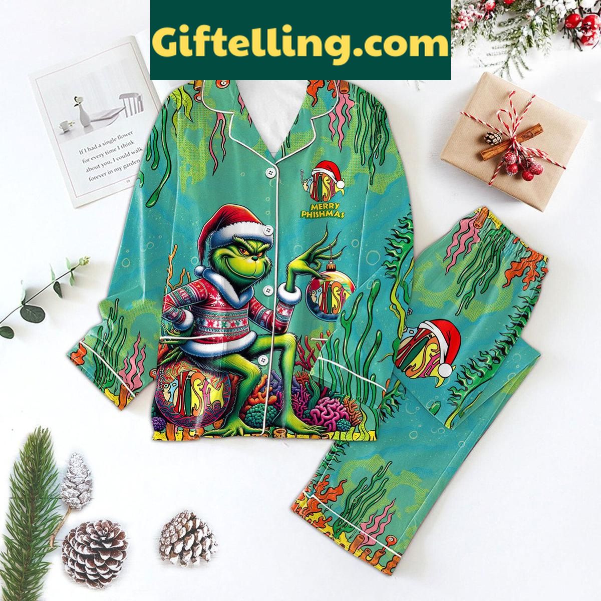 Phish Merry Phishmas With The Grinch Christmas Polyester Pajamas Set Phish Merry Phishmas With The product image showing design and team colors