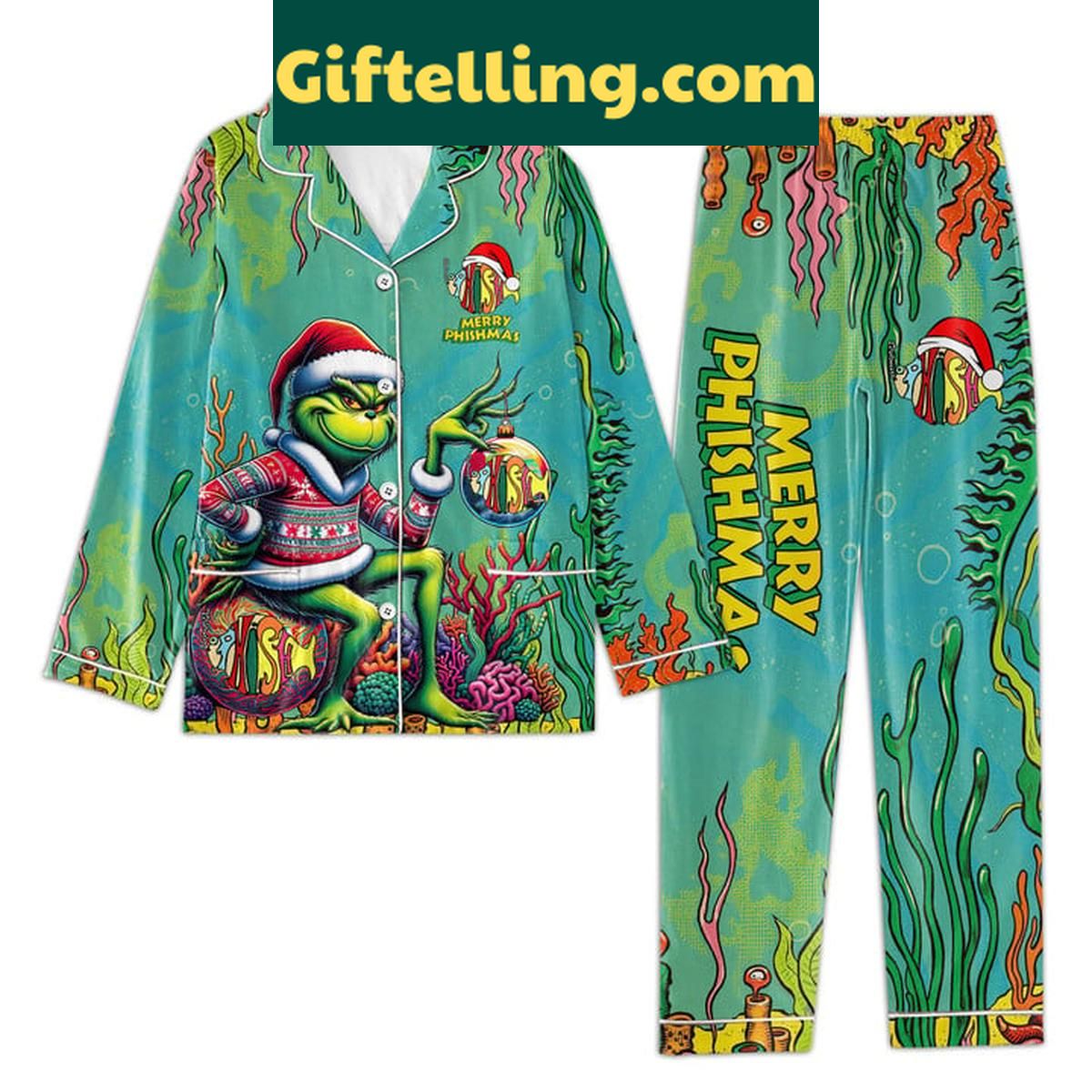 Phish Merry Phishmas With The Grinch Christmas Polyester Pajamas Set Phish Merry Phishmas With The product image showing design and team colors