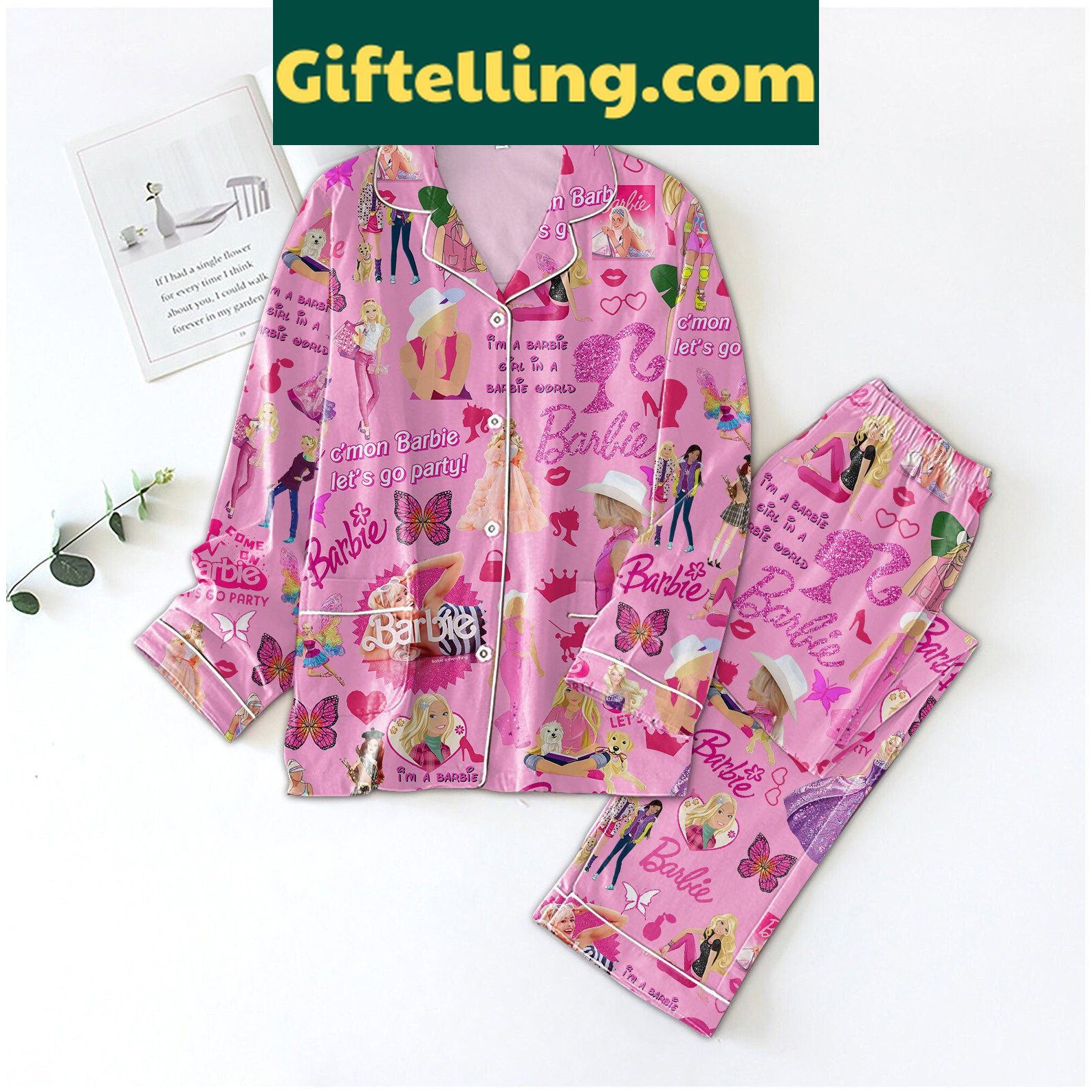 pink-barbie-pajamas-set-lets-go-party-come-on-sleepwear-1 Pink Barbie Pajamas Set with Let's Go Party Come On design