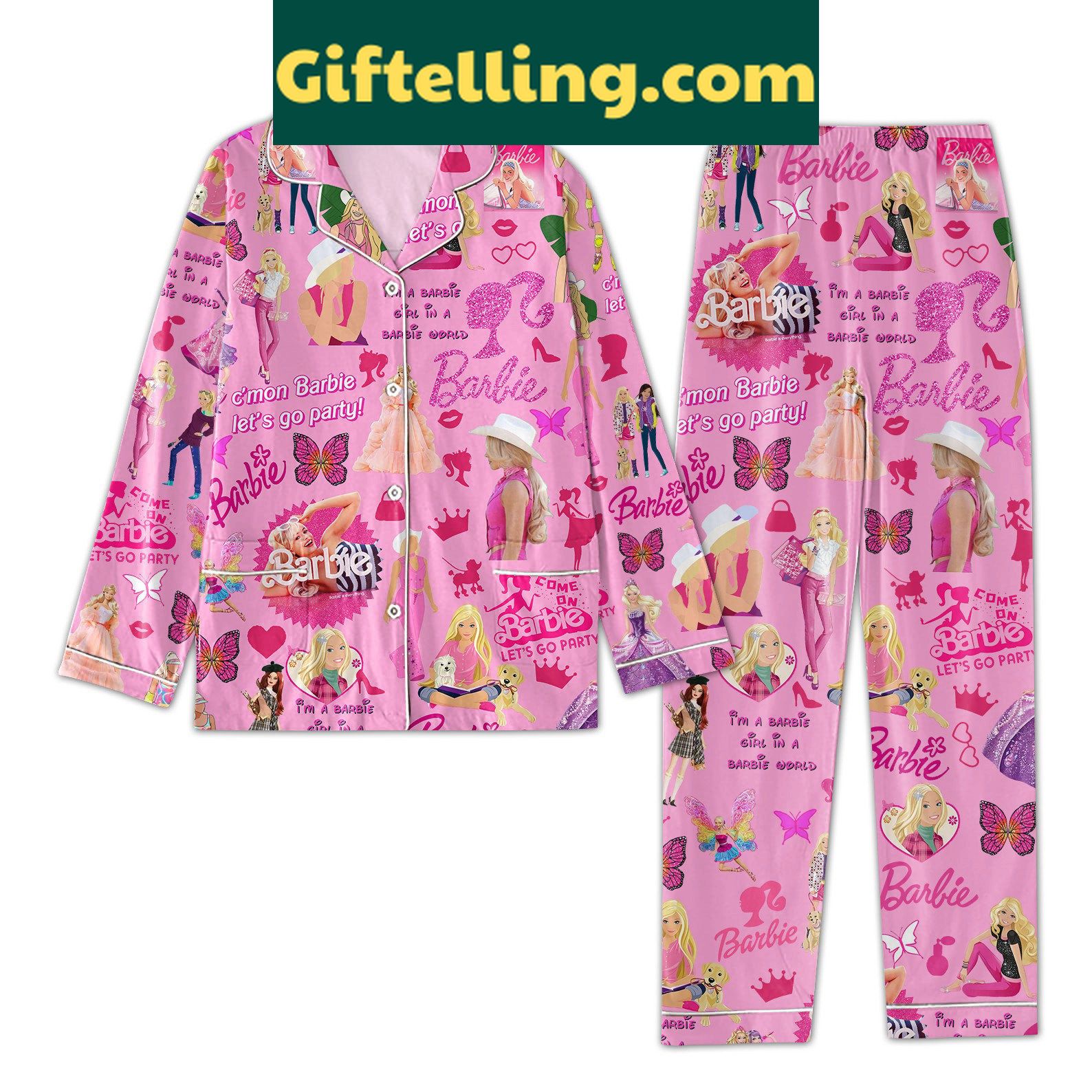 pink-barbie-pajamas-set-lets-go-party-come-on-sleepwear-2 Pink Barbie Pajamas Set with Let's Go Party Come On design