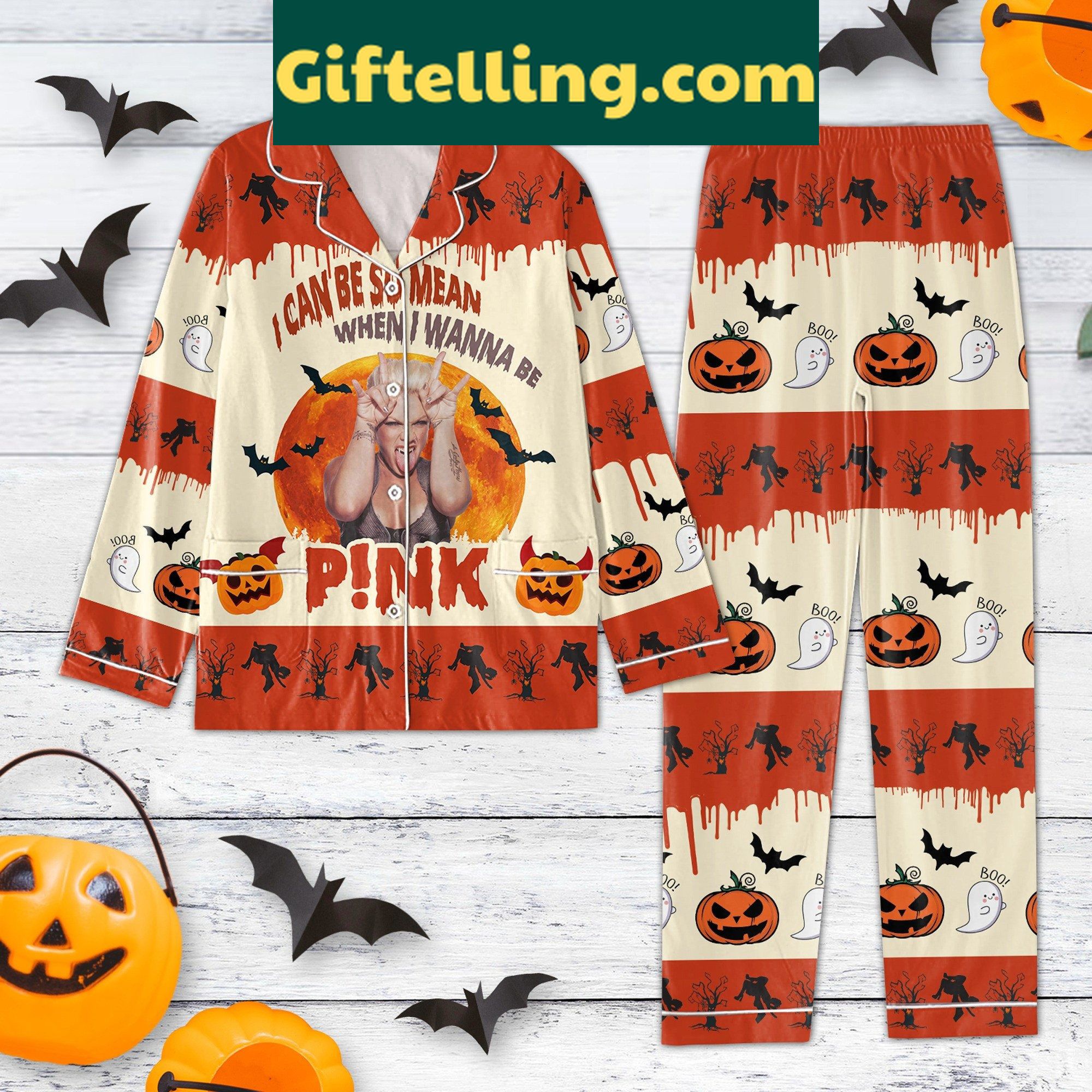 pink-i-can-be-so-mean-when-i-wanna-be-halloween-pajamas-set-for-women-1 Pink women's Halloween pajamas set with I Can Be So Mean When I Wanna Be design