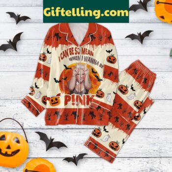Pink women's Halloween pajamas set with I Can Be So Mean When I Wanna Be design