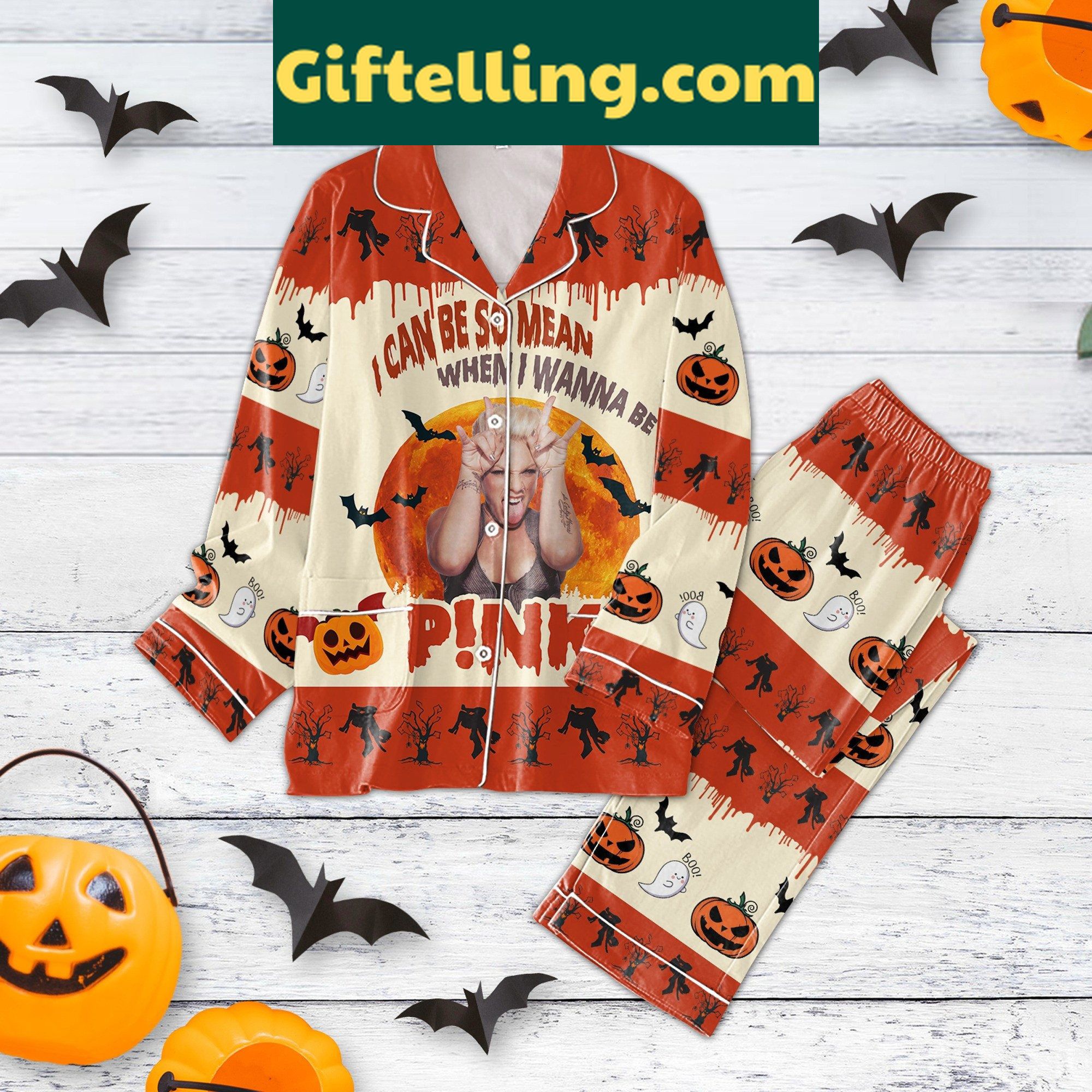 pink-i-can-be-so-mean-when-i-wanna-be-halloween-pajamas-set-for-women-2 Pink women's Halloween pajamas set with I Can Be So Mean When I Wanna Be design