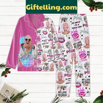 Pink Summer Carnival Polyester Pajamas Set with My Love My Drug graphics