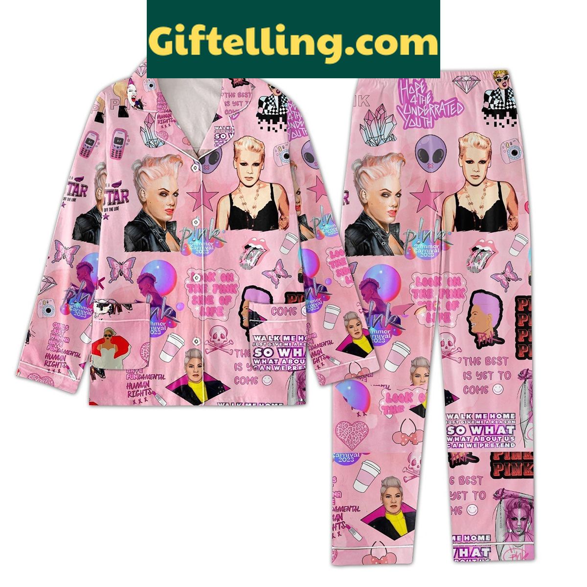 pink-walk-me-home-rockstar-pajamas-set-soft-polyester-lounge-wear-1 Pink Walk Me Home Rockstar Pajamas Set with soft polyester fabric and fun graphic design
