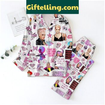 Pink Polyester Pajama Set with White 'Walk Me Home' Graphic