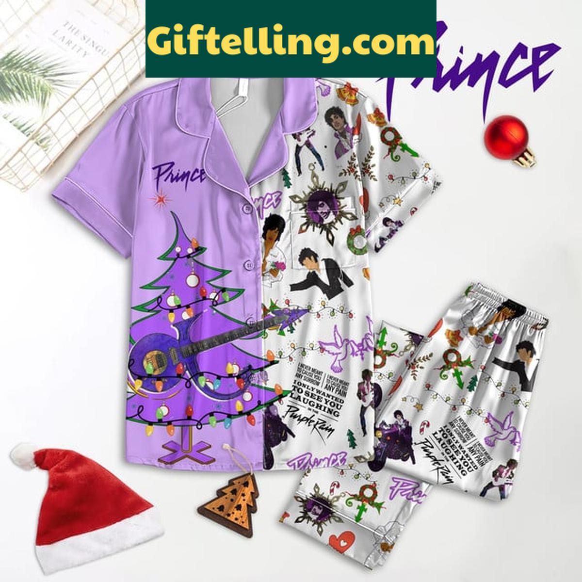 Prince Enjoying Princemas Purple Rain Christmas Polyester Pajamas Set Unisex Prince Enjoying Princemas Purple Rain Christmas Pajamas Set