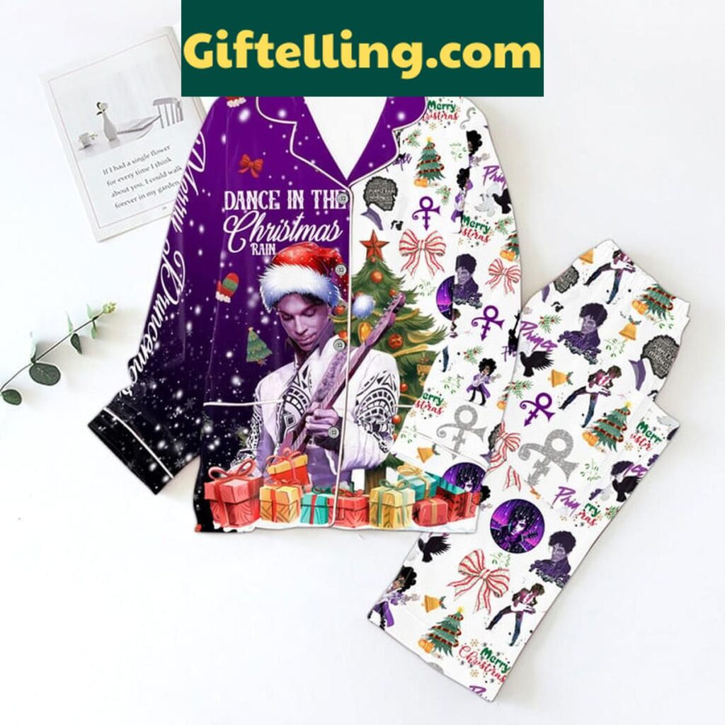 Prince Purple Dance In The Christmas Rain Polyester Pajamas Set, holiday-themed pajamas with purple color and fun design