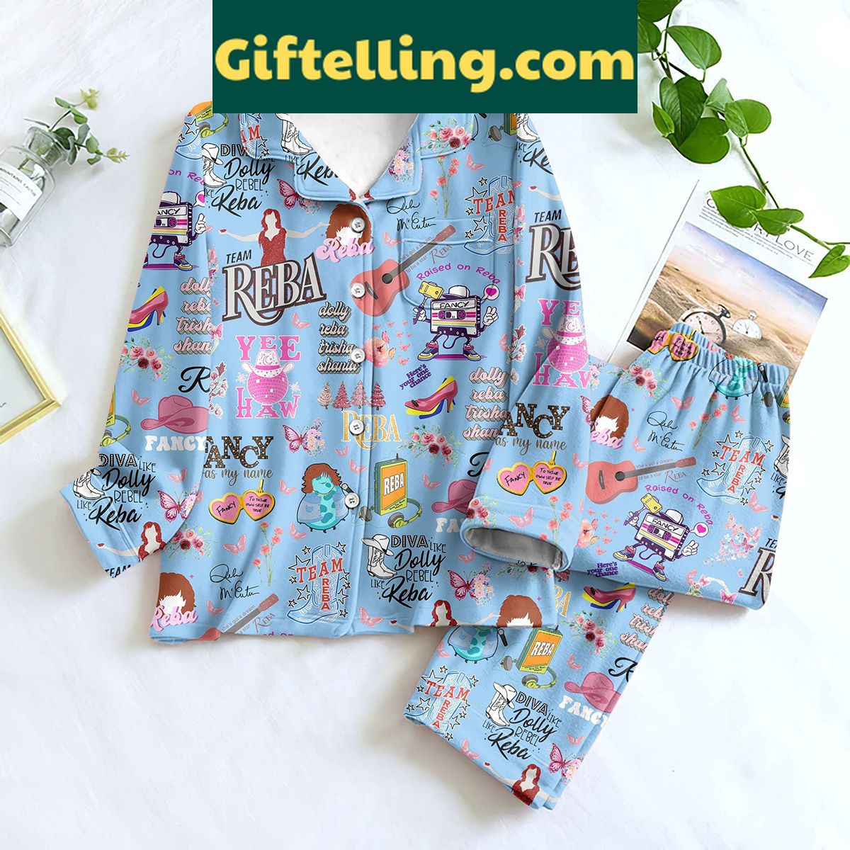 reba-mcentire-blue-edition-fancy-like-reba-silk-pajamas-set-1 Reba McEntire Blue Edition Fancy product image showing design and team colors