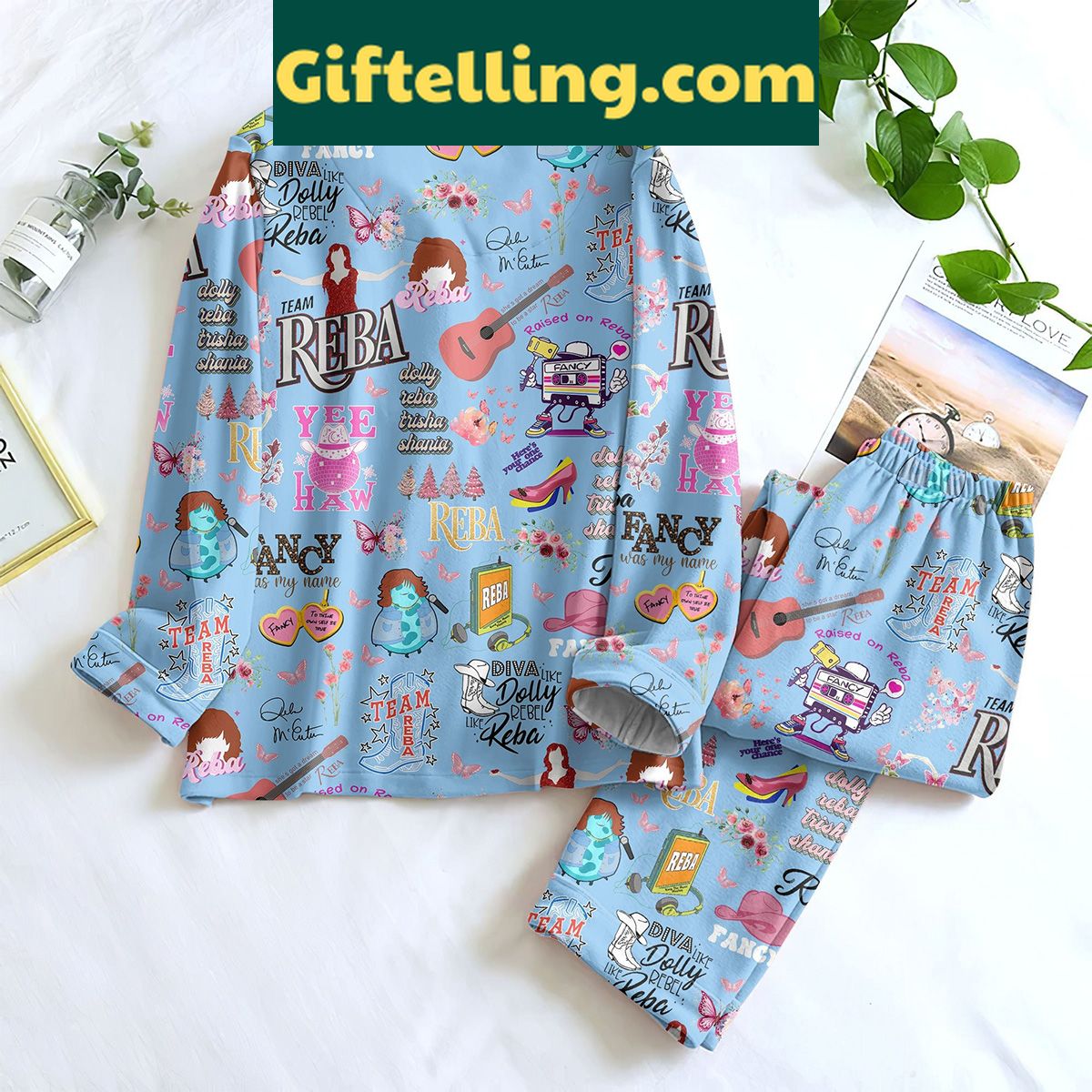 reba-mcentire-blue-edition-fancy-like-reba-silk-pajamas-set-2 Reba McEntire Blue Edition Fancy product image showing design and team colors