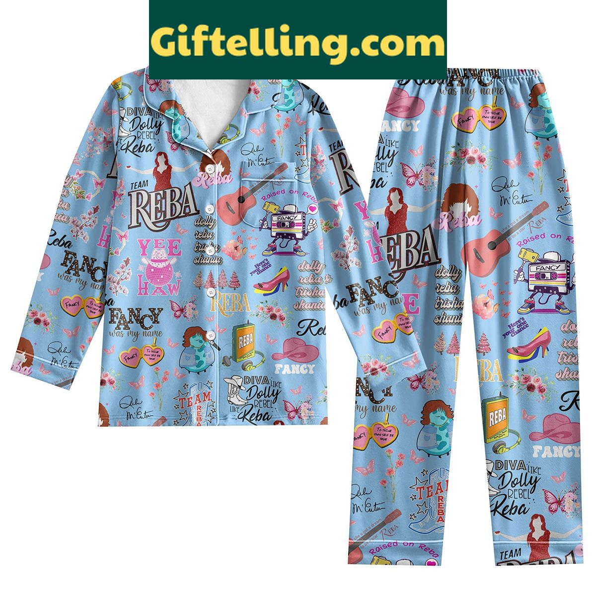 reba-mcentire-blue-edition-fancy-like-reba-silk-pajamas-set-3 Reba McEntire Blue Edition Fancy product image showing design and team colors