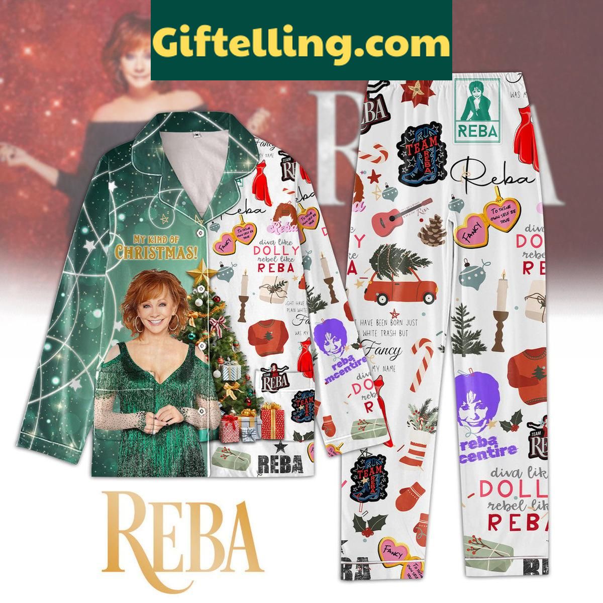 Reba McEntire Rebel Like Reba Christmas Polyester Pajamas Set Reba McEntire Rebel Like Reba product image showing design and team colors