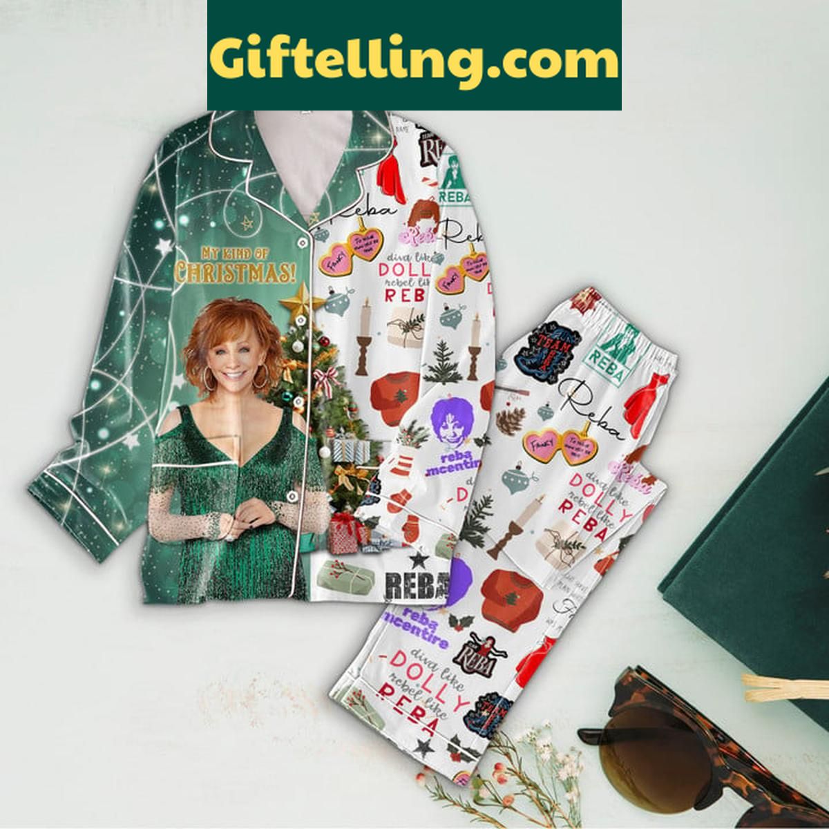 Reba McEntire Rebel Like Reba Christmas Polyester Pajamas Set Reba McEntire Rebel Like Reba product image showing design and team colors