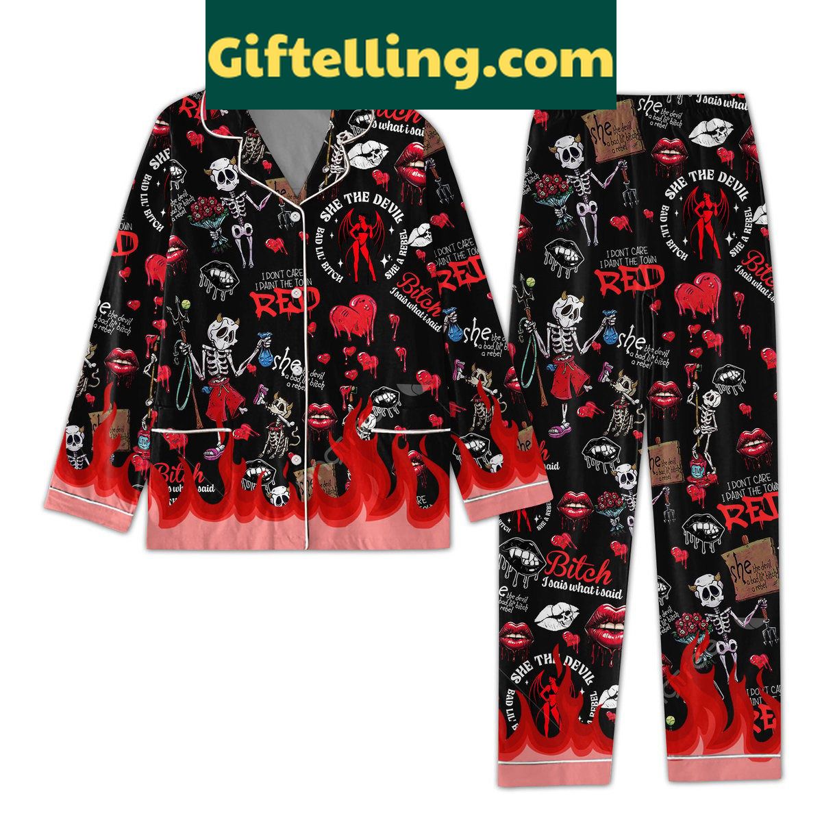 rebel-red-pajamas-set-she-the-devil-she-a-rebel-i-dont-care-i-daint-the-town-2 Women's red pajamas set with a rebellious statement design