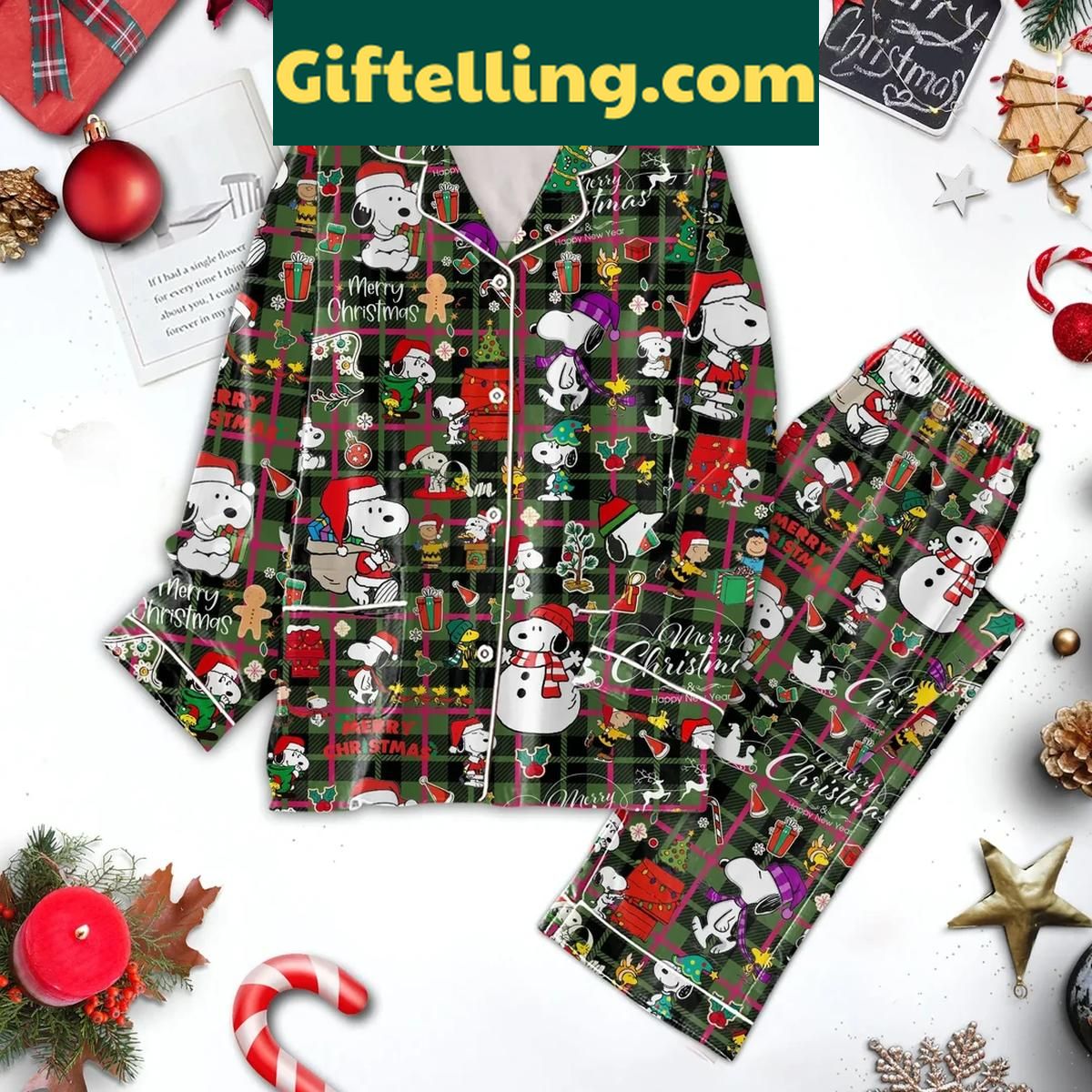 Snoopy Holidays Christmas Happy New Year Polyester Pajamas Set Snoopy Holidays Christmas Happy New Year Polyester Pajamas Set for women and men