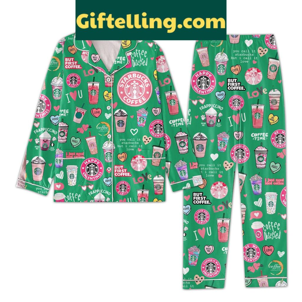 Starbucks Coffee Obsessed Polyester Pajamas Set featuring a green design