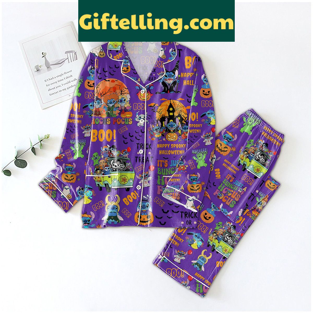 stitch-and-hocus-pocus-trick-or-treat-happy-halloween-pajamas-set-for-kids-1 Stitch and Hocus Pocus Trick product image showing design and team colors