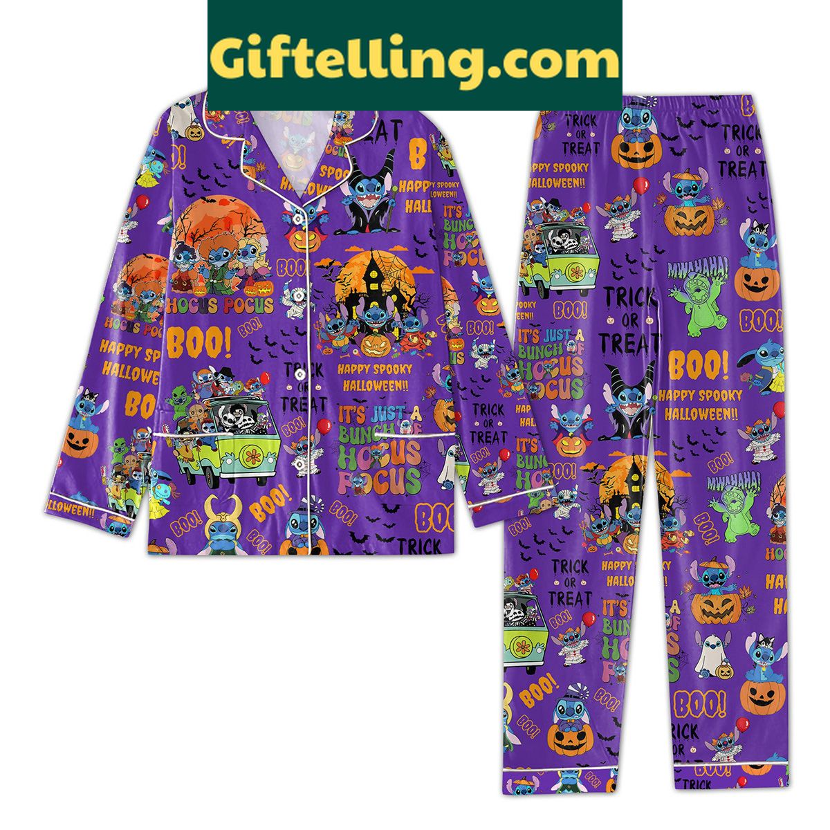 stitch-and-hocus-pocus-trick-or-treat-happy-halloween-pajamas-set-for-kids-2 Stitch and Hocus Pocus Trick product image showing design and team colors