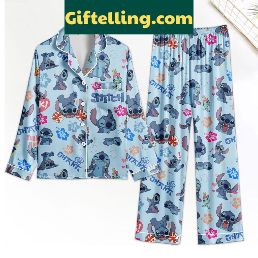 Stitch Ohana Family Hibicus Polyester Pajamas Set for kids and adults